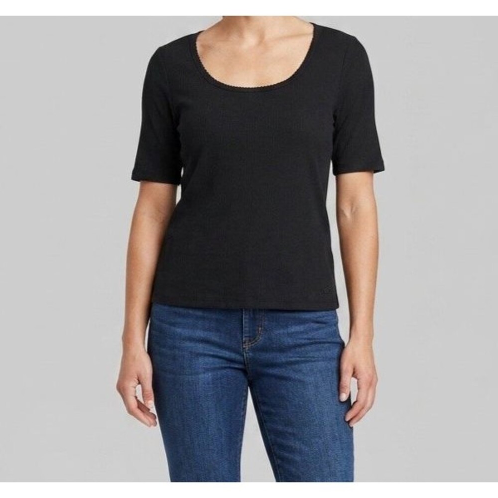 Universal Thread Pointelle Knit T-shirt Womens Black Scoop Neck Short Sleeve New